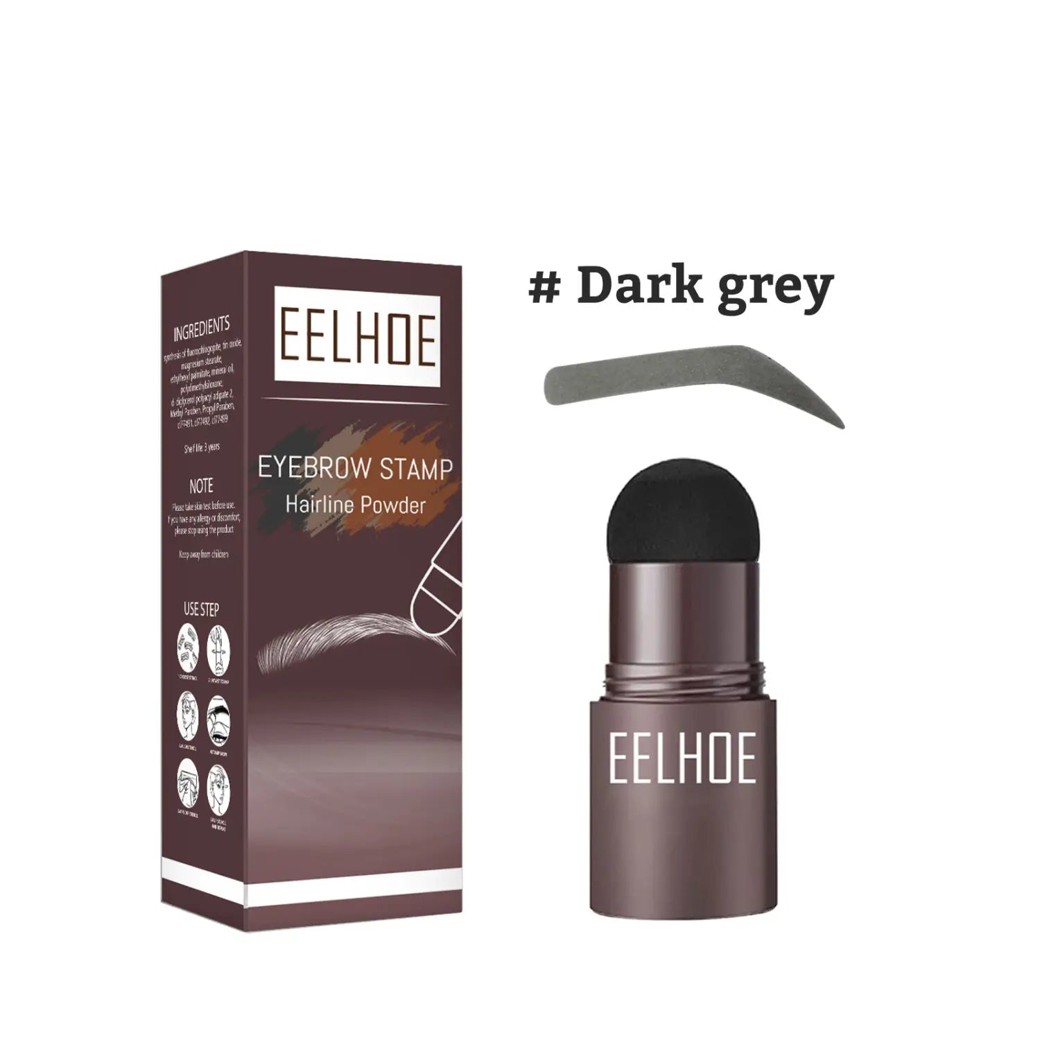 dark grey eelhoe eyebrow stamp hairline powder stick with black cap and metallic brown body from eyebrow powder stencil kit with stamp and pencil