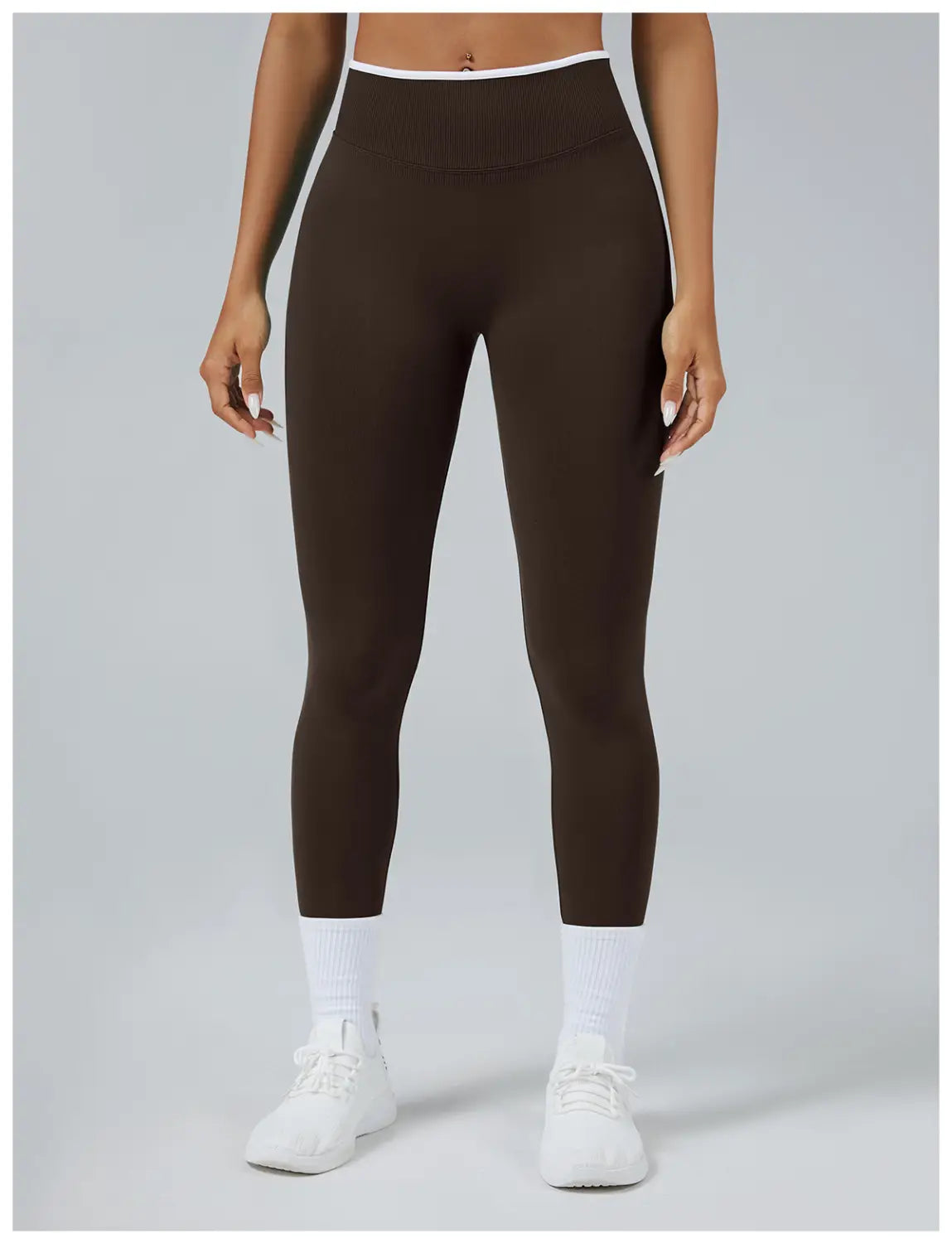 brown seamless high waist sports yoga leggings featuring a white elastic waistband designed for comfort and flexibility.