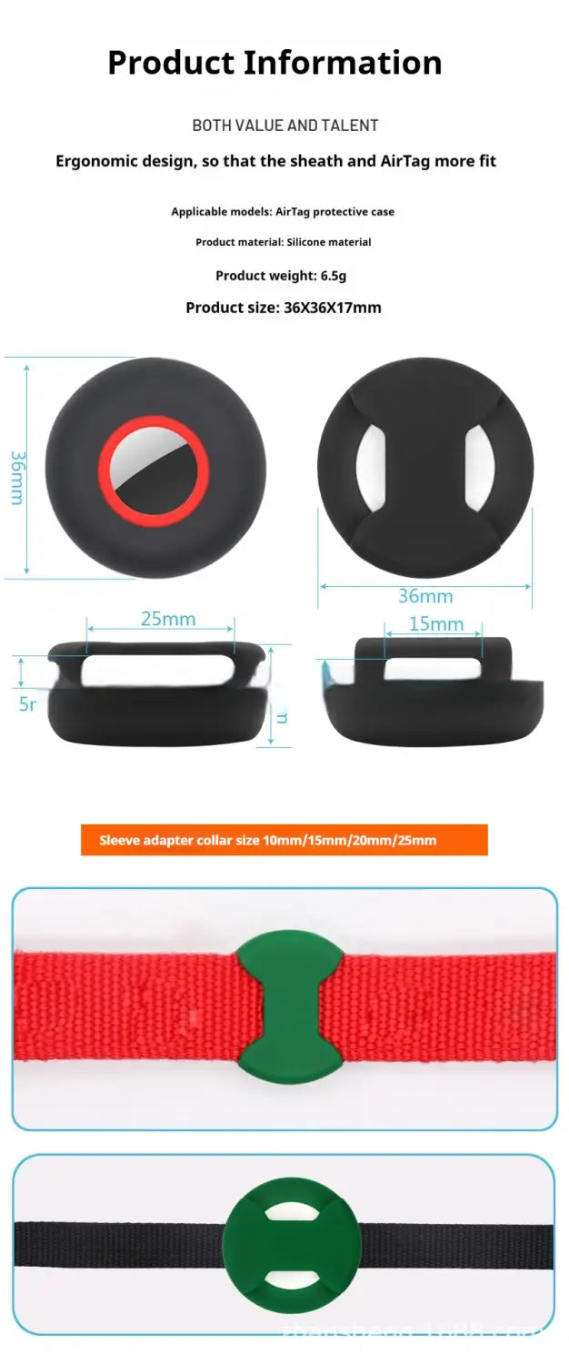 black silicone airtag protective case with red circular accent and green plastic sleeve adapter collar for pet collar tracker.
