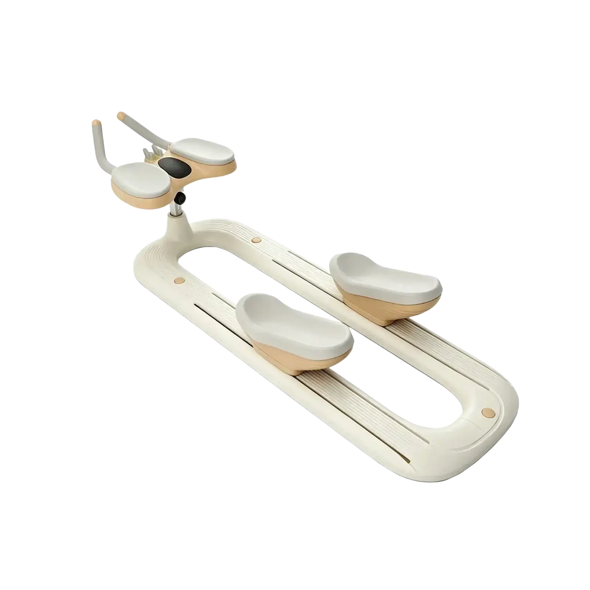 Cream-colored plastic and wood-toned flexihome twist crawler with adjustable footrests for abdomen exercise and back stretching