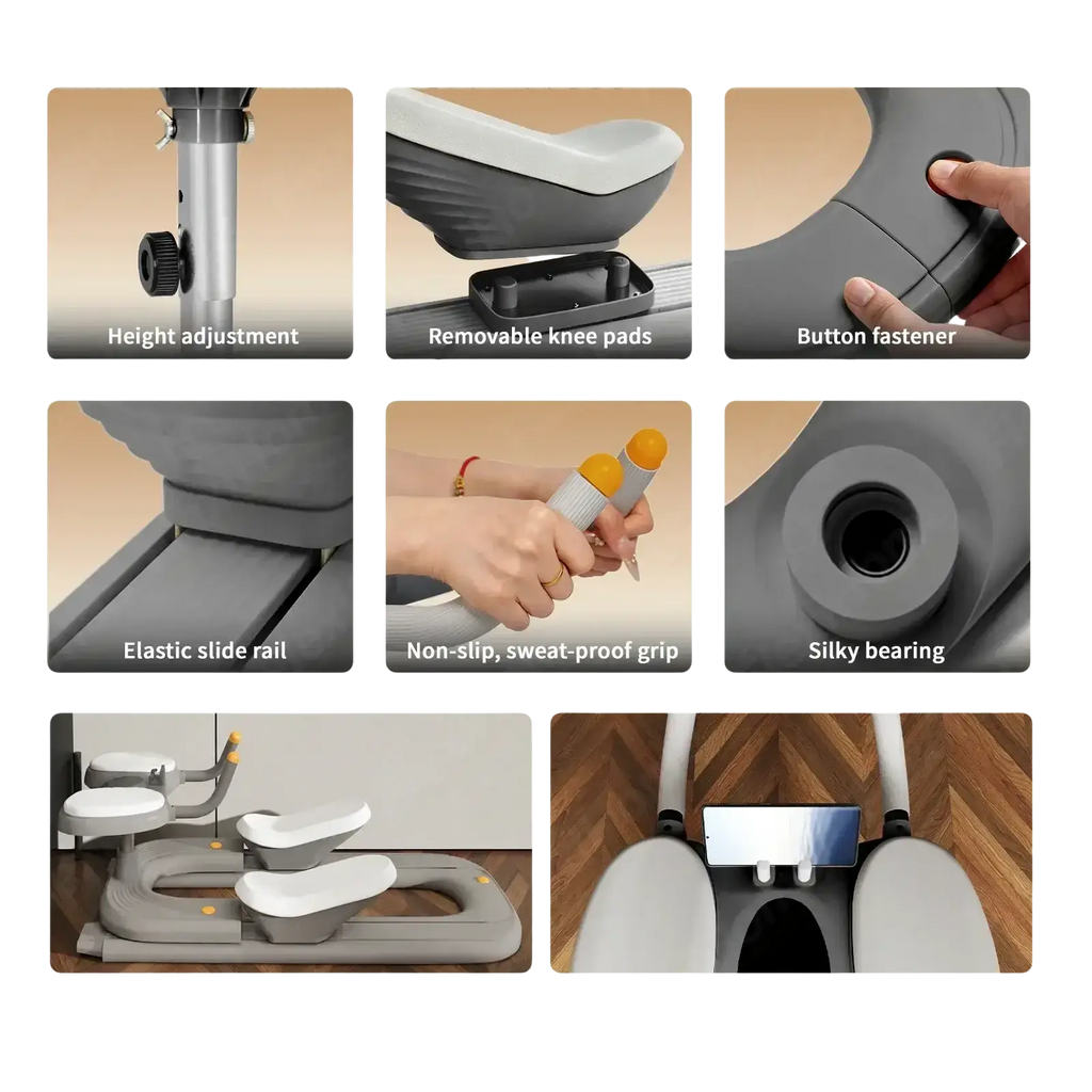 Gray and white adjustable abdomen exercise bike with ergonomic seat removable knee pads and non slip grip handle for flexihome twist crawler