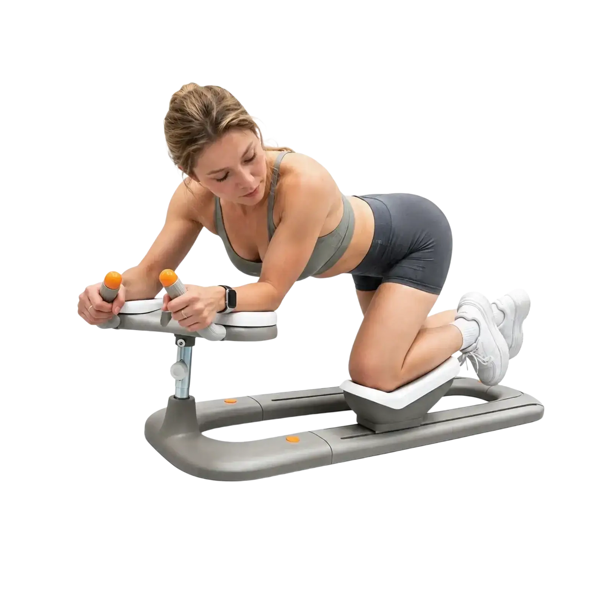 Gray and white abdomen exercise portable back stretching crawling machine with orange-accented handles for flexihome twist use
