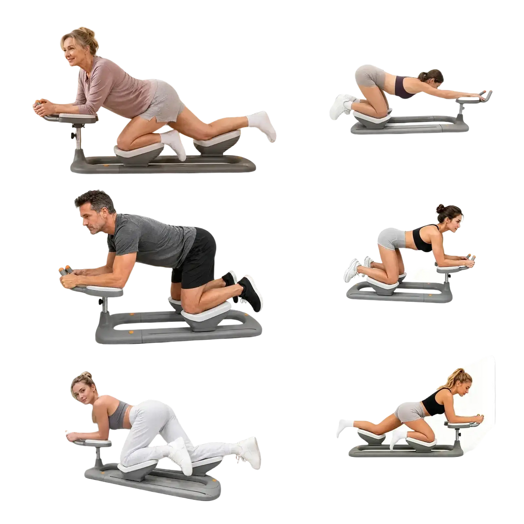 Gray and white adjustable flexihome twist crawler with padded supports for abdomen exercise and back stretching