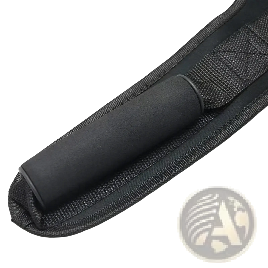 Black foam-handled abdominal crunch straps gym attachment featuring a knife sheath with textured nylon strap