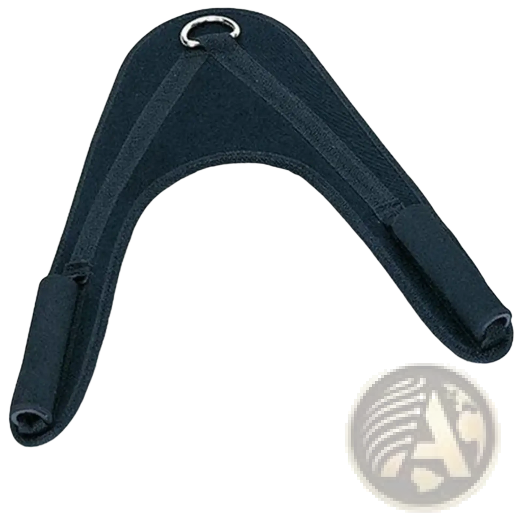 Black neoprene abdominal crunch straps gym attachment with silver metal d-ring for weightlifting harness use