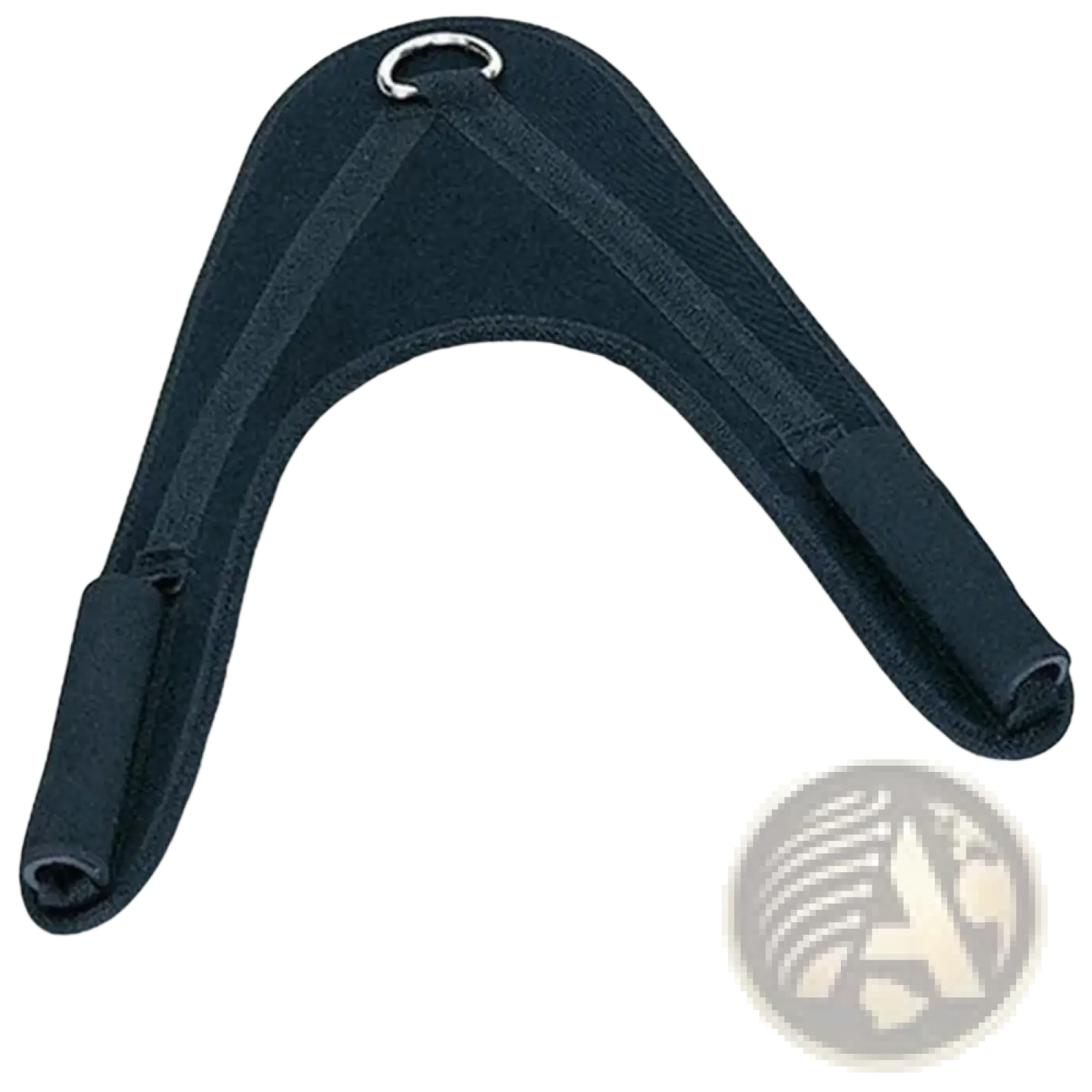 Black neoprene abdominal crunch straps gym attachment with silver metal d-ring for weightlifting harness use
