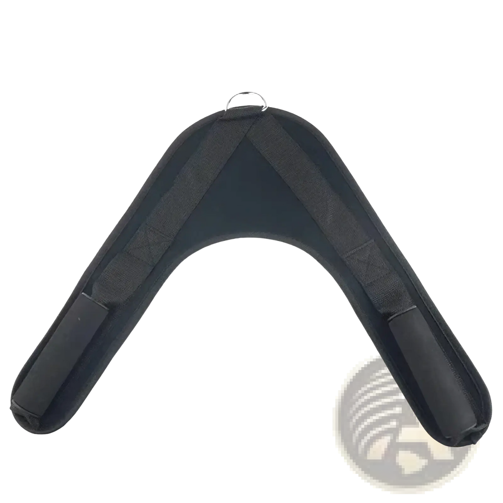 Black padded dog harness with adjustable straps and metal d-ring shown from the back for abdominal crunch straps gym attachment