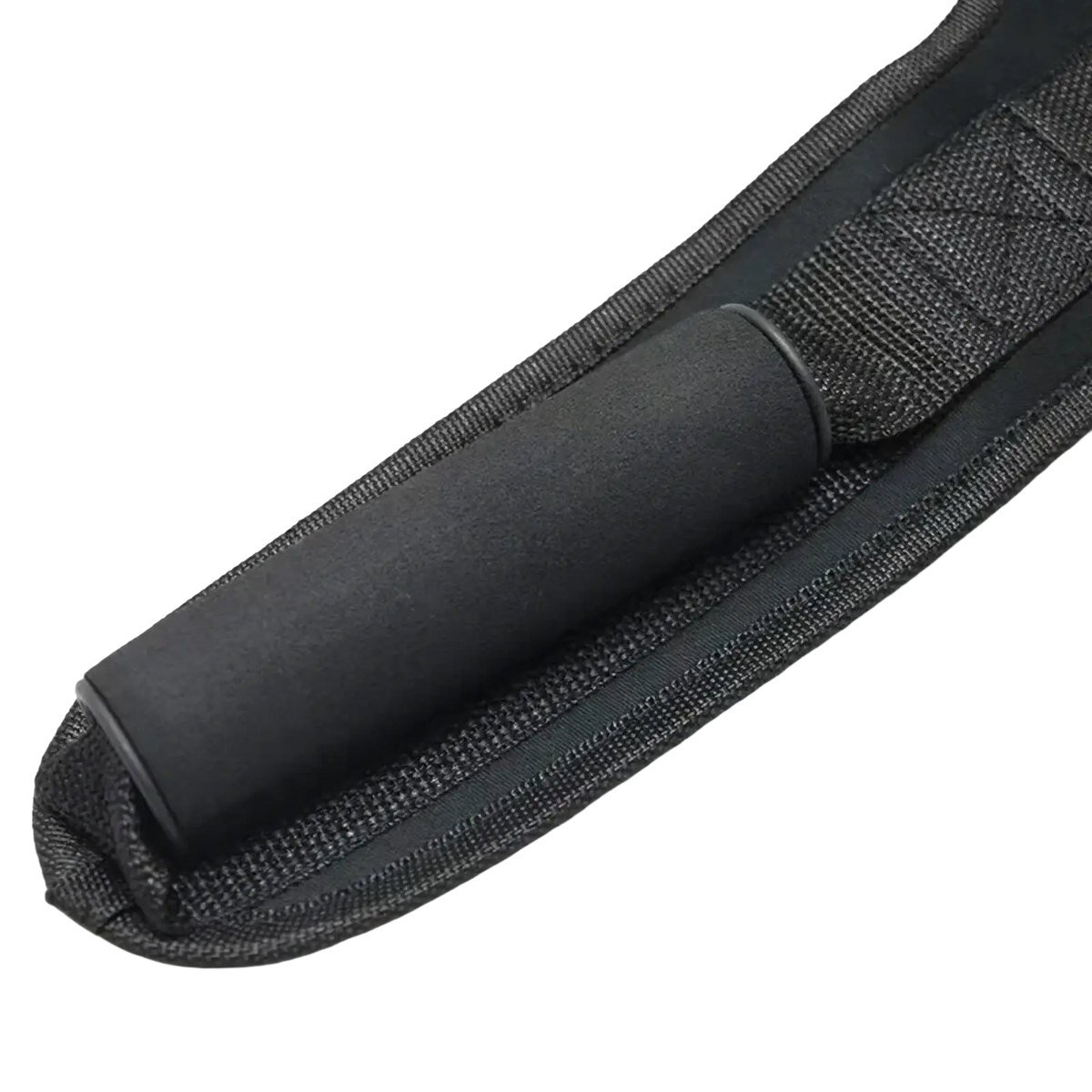 Black foam-handled abdominal crunch straps gym attachment featuring a knife sheath with textured nylon strap