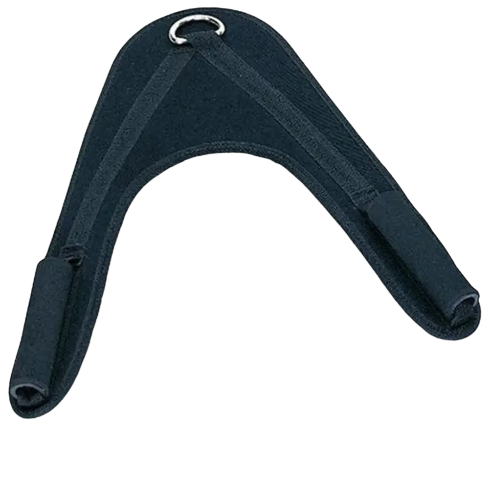 Black neoprene abdominal crunch straps gym attachment with silver metal d-ring for weightlifting harness use