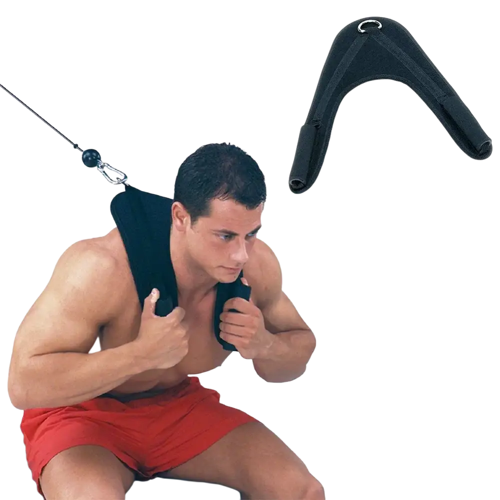 Black neoprene neck harness abdominal crunch straps gym attachment designed for resistance training exercises