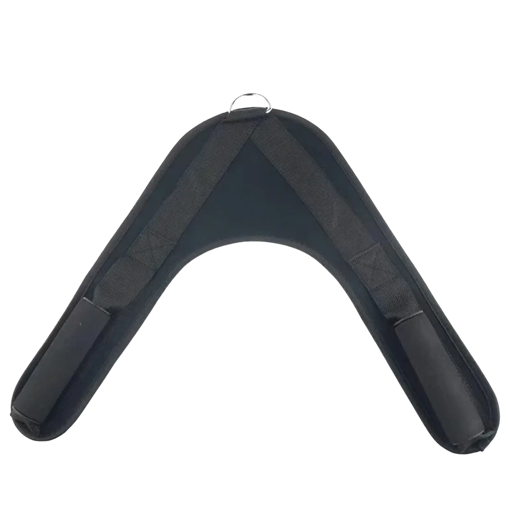 Black padded dog harness with adjustable straps and metal d-ring shown from the back for abdominal crunch straps gym attachment