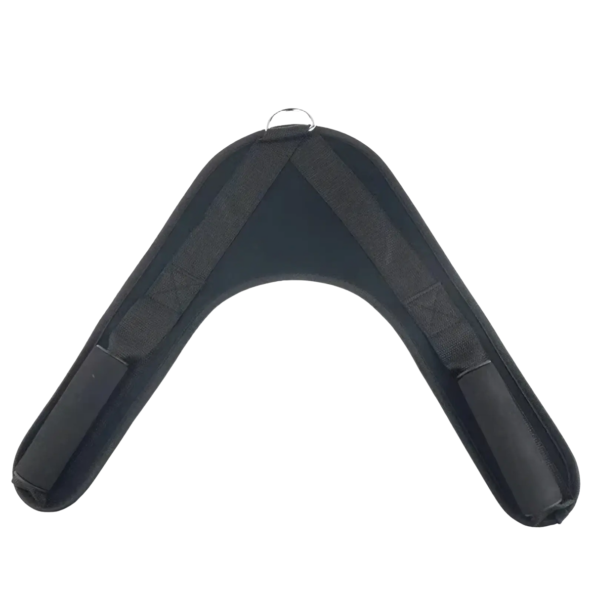 Black padded dog harness with adjustable straps and metal d-ring shown from the back for abdominal crunch straps gym attachment