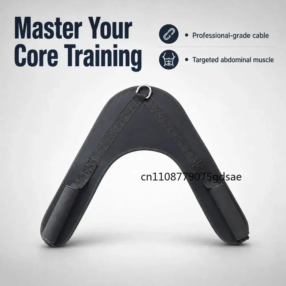 Black neoprene abdominal crunch straps with padded shoulder straps and metal d-ring for gym cable machine use