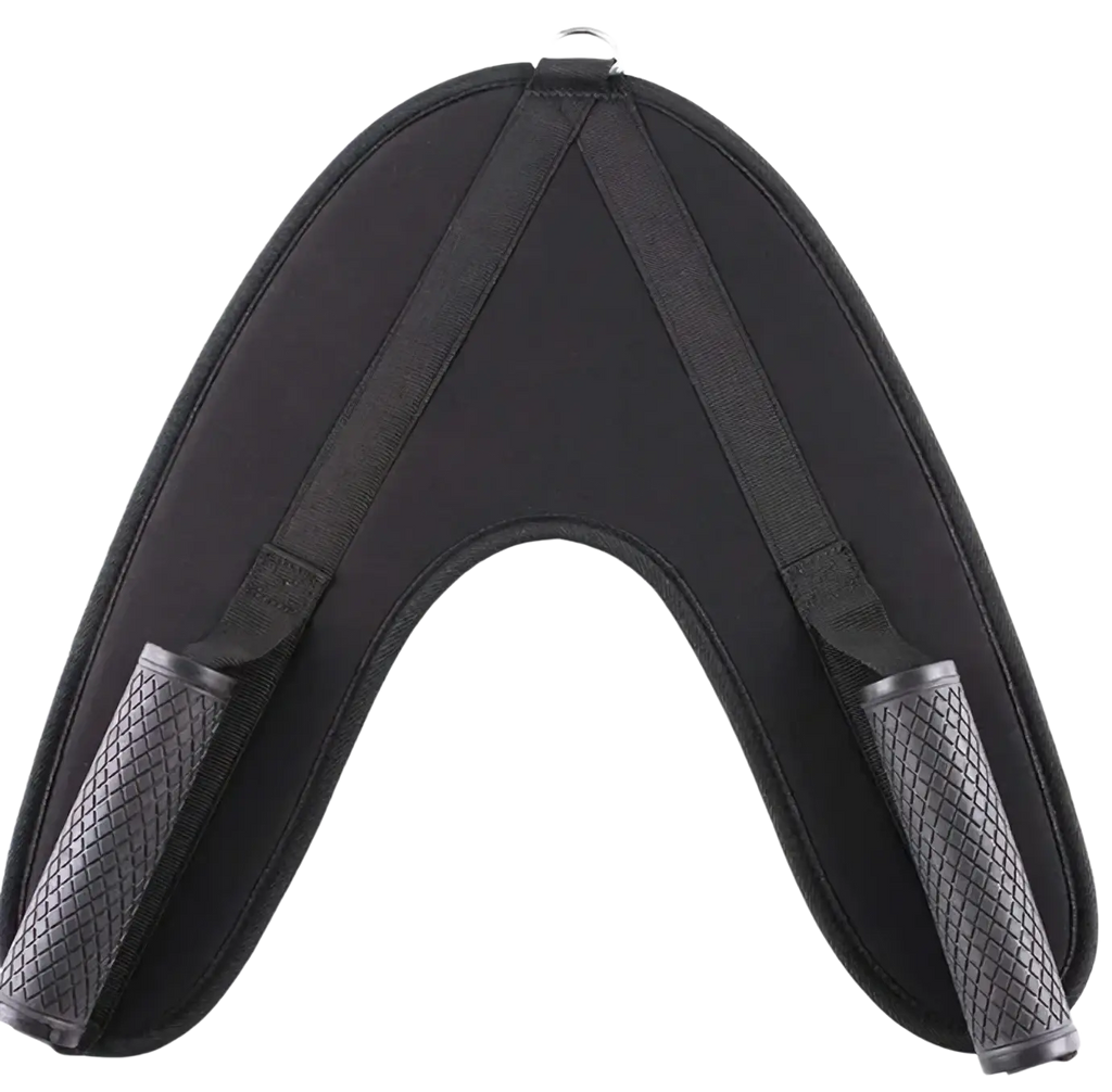 Black neoprene abdominal crunch straps with textured grip handles and adjustable shoulder straps for gym cable machines