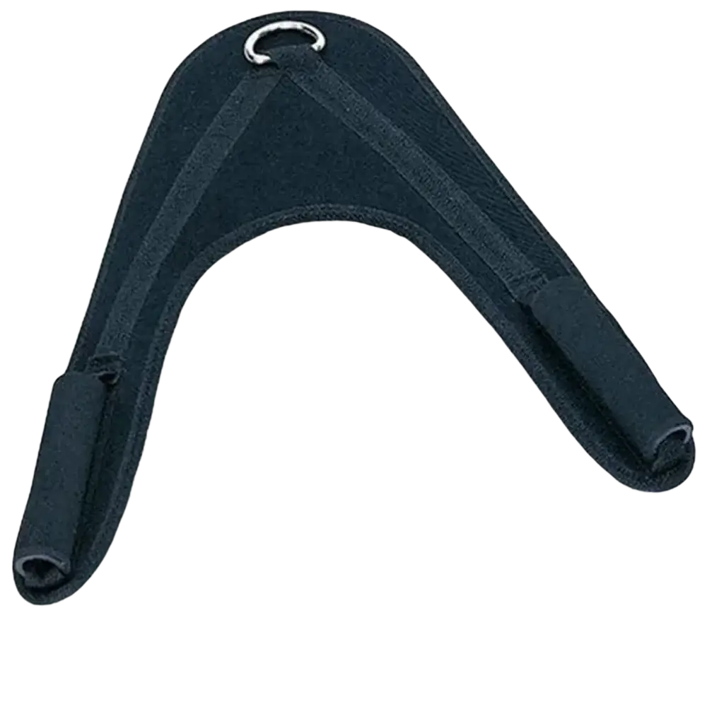 Black neoprene abdominal crunch straps with padded shoulder straps and metal d-ring for gym cable machines