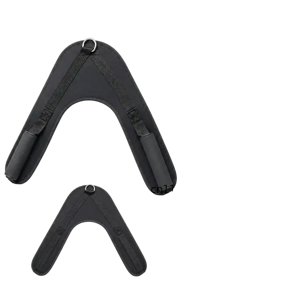 Black padded abdominal crunch straps with adjustable metal d-ring attachments for gym cable machines