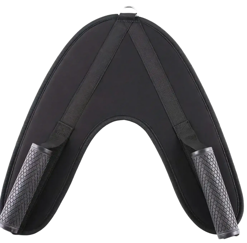 Black padded abdominal crunch straps with textured grip handles and adjustable straps for gym cable machines