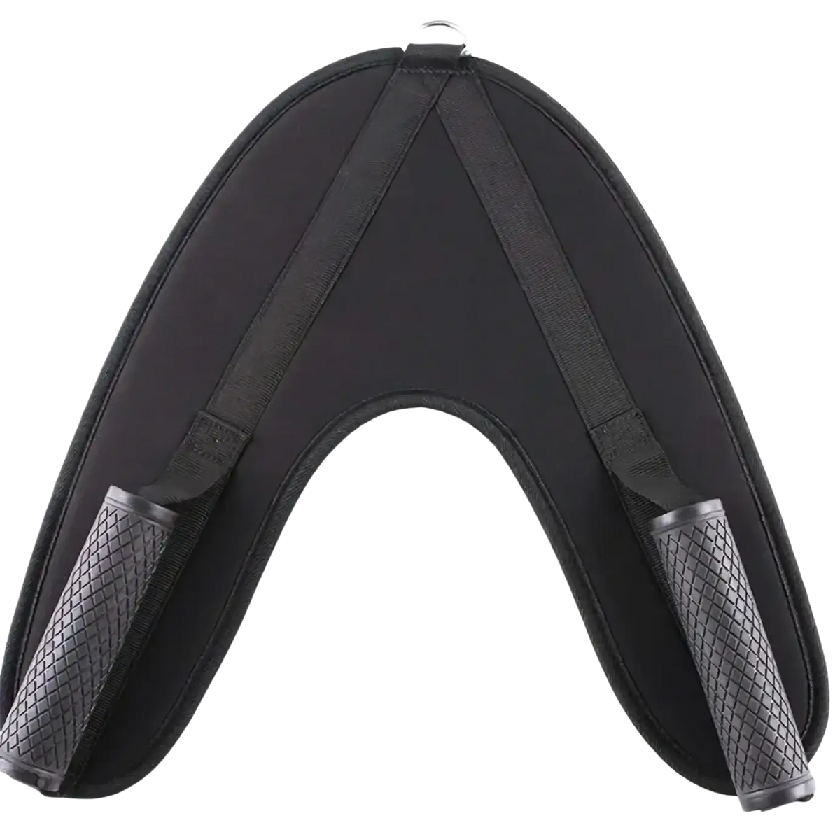 Black padded abdominal crunch straps with textured grip handles and adjustable straps for gym cable machines