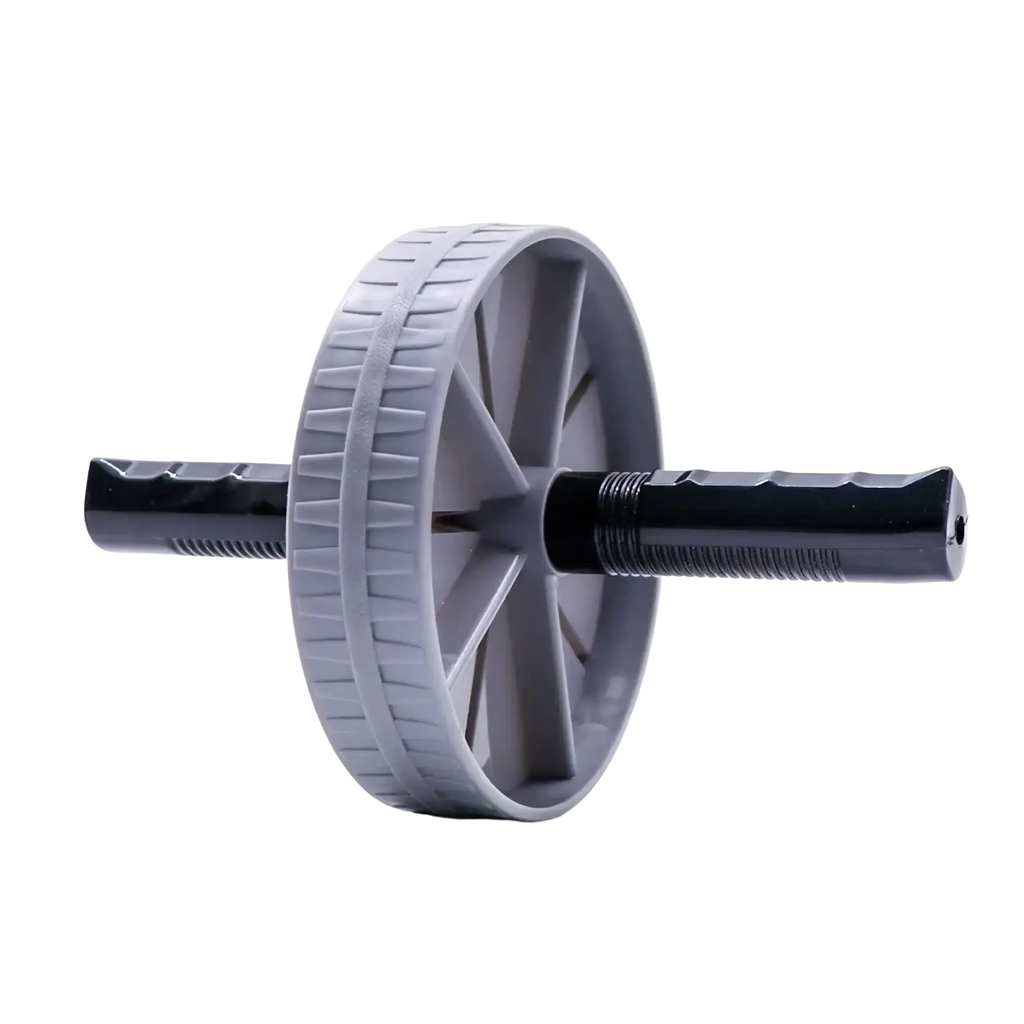 Gray and black abdominal exercise wheel with silent ribbed wheel and textured grip handles for core strengthening