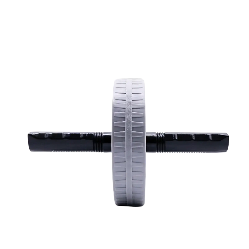Gray and black abdominal exercise wheel featuring a textured rubber wheel and ribbed handlebars for silent ab workouts