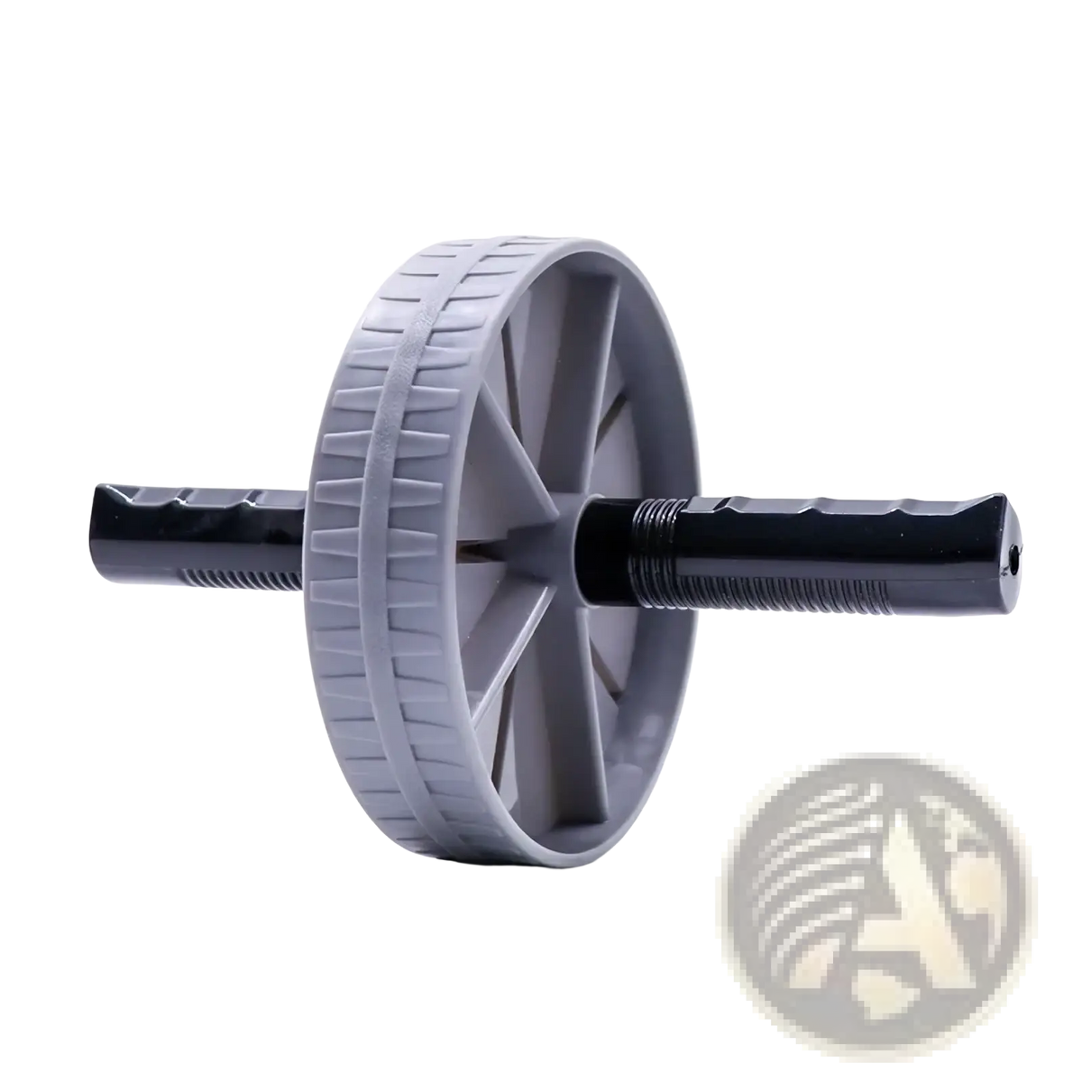 Gray and black abdominal exercise wheel with silent ribbed wheel and textured grip handles for core strengthening
