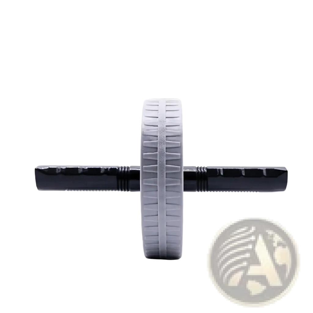 Gray and black abdominal exercise wheel featuring a textured rubber wheel and ribbed handlebars for silent ab workouts