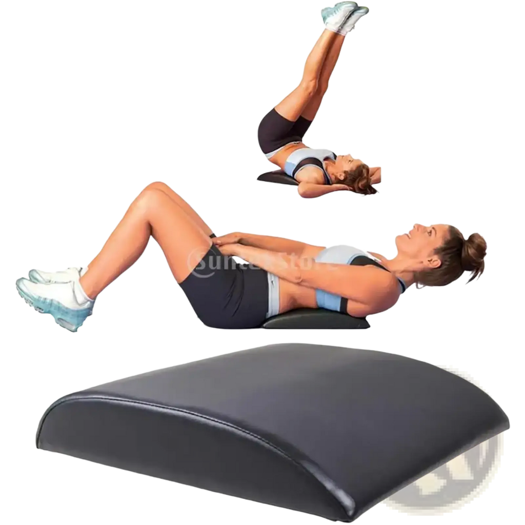 Black curved lumbar support cushion showing back side designed for abdominal mat core workouts and back support