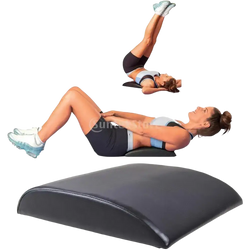 Black curved lumbar support cushion showing back side designed for abdominal mat core workouts and back support