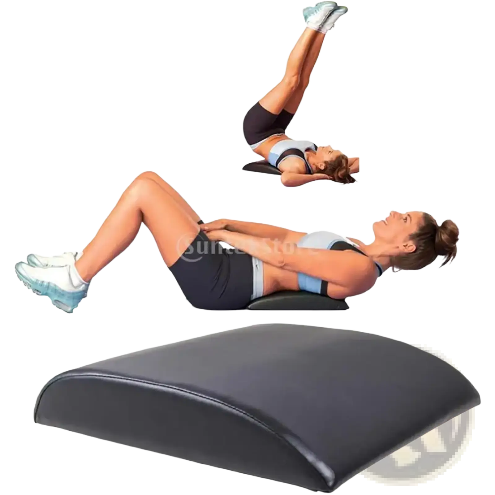 Black curved lumbar support cushion showing back side designed for abdominal mat core workouts and back support