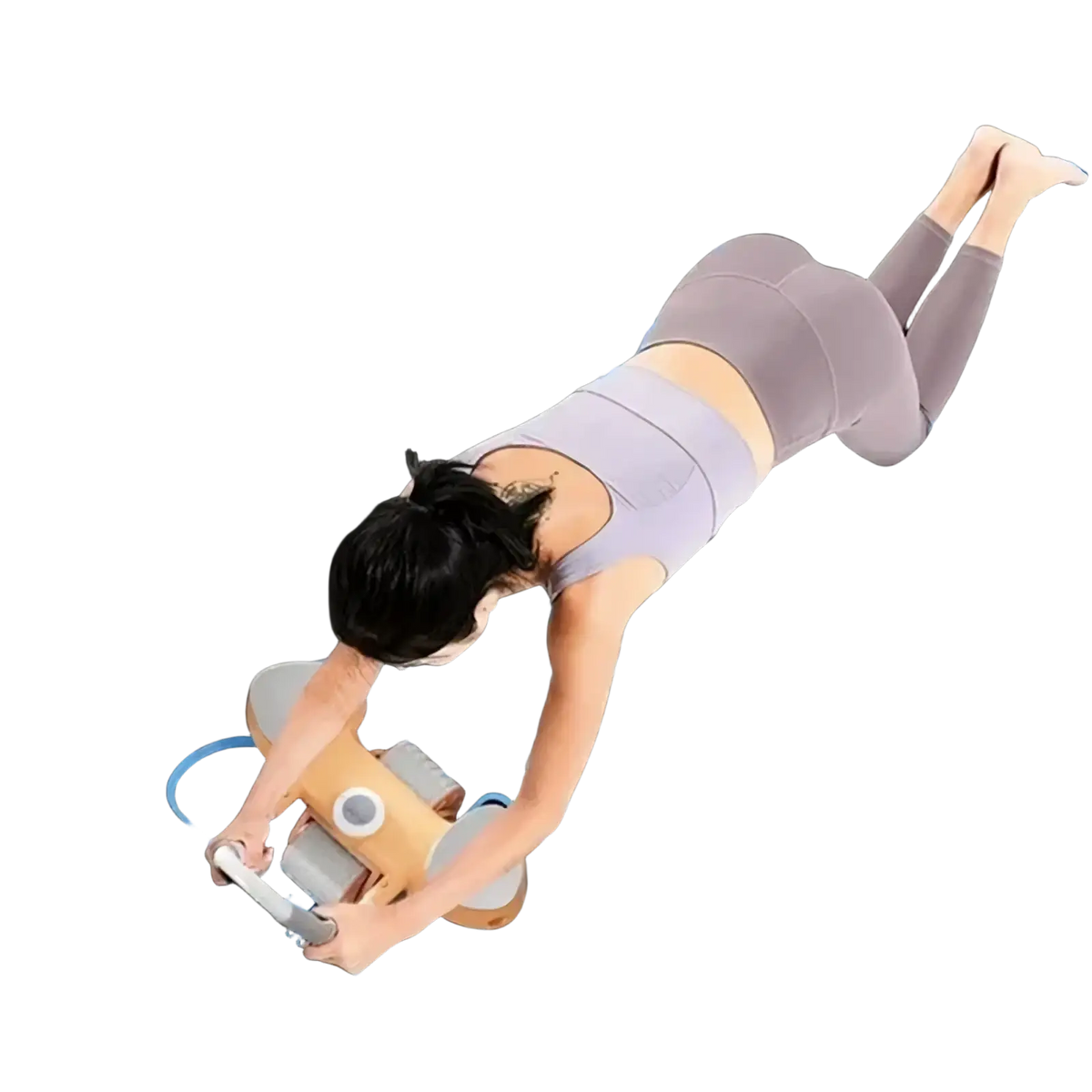 Black abdominal wheel mat with non slip TPE material and blue position line guidance markings for fitness use