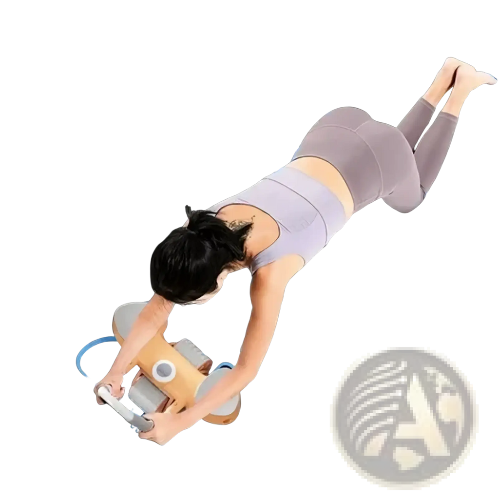 Black abdominal wheel mat with non slip TPE material and blue position line guidance markings for fitness use