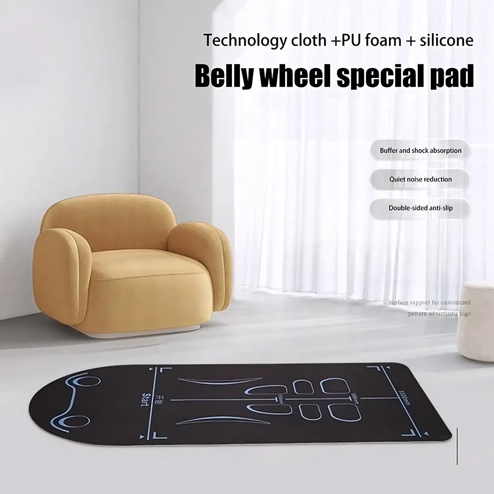 Black abdominal wheel mat with non slip tpe fitness pad made of technology cloth pu foam and silicone with white line markings