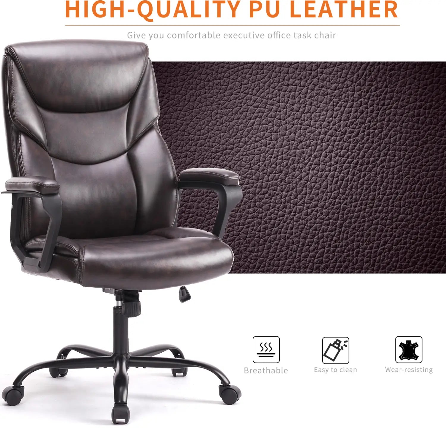 Silla de oficina ergonómica de polipiel de alta calidad color marrón oscuro, con respaldo acolchado y apoyabrazos abatibles, diseñada para uso ejecutivo.