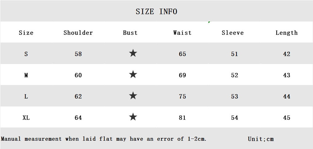 Size info chart in centimeters for the faux leather cropped blazer for women in maroon displaying measurements from size S to XL.