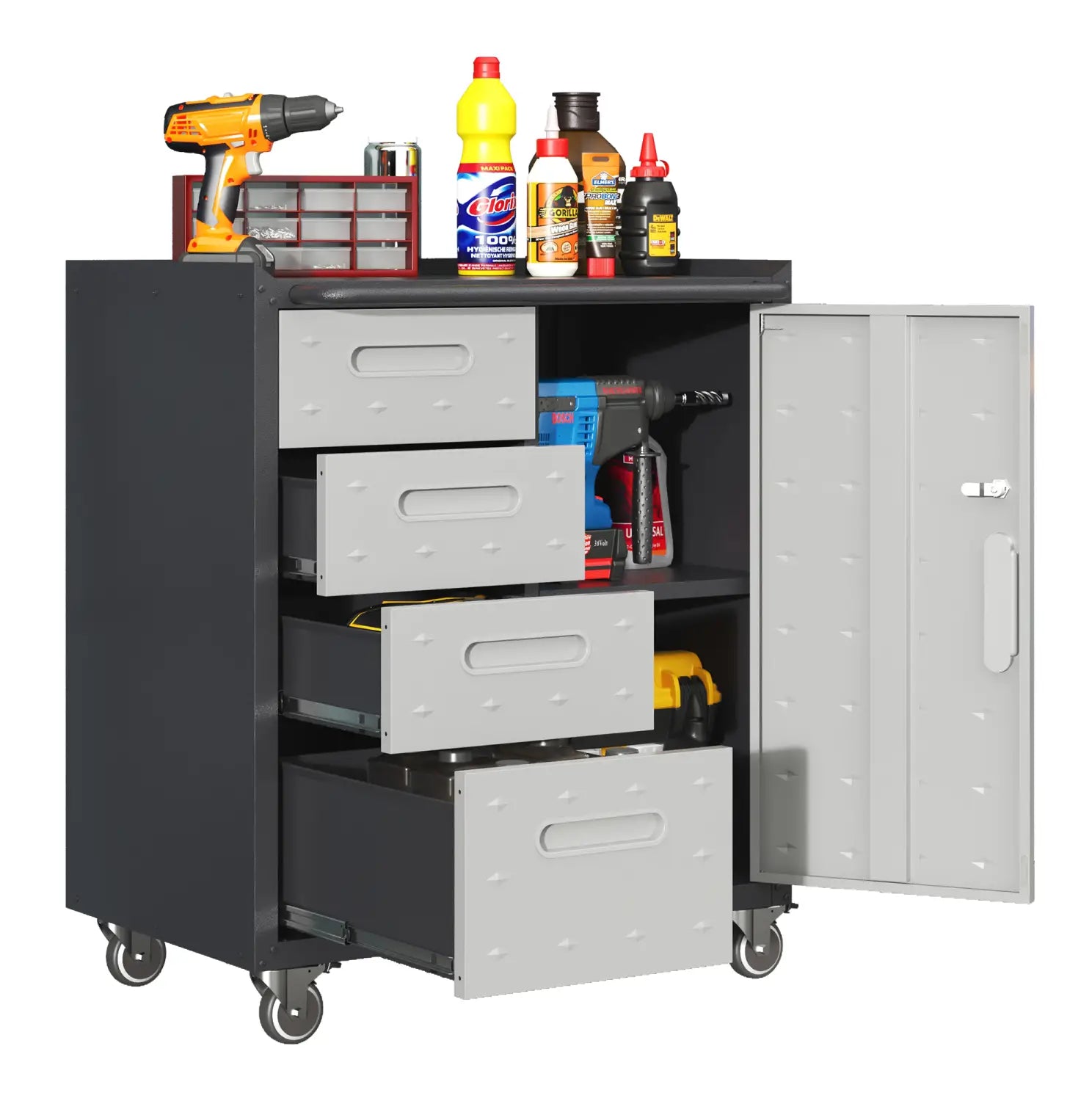 Black metal tool storage cabinet with gray drawers and doors featuring wheels for mobility.
