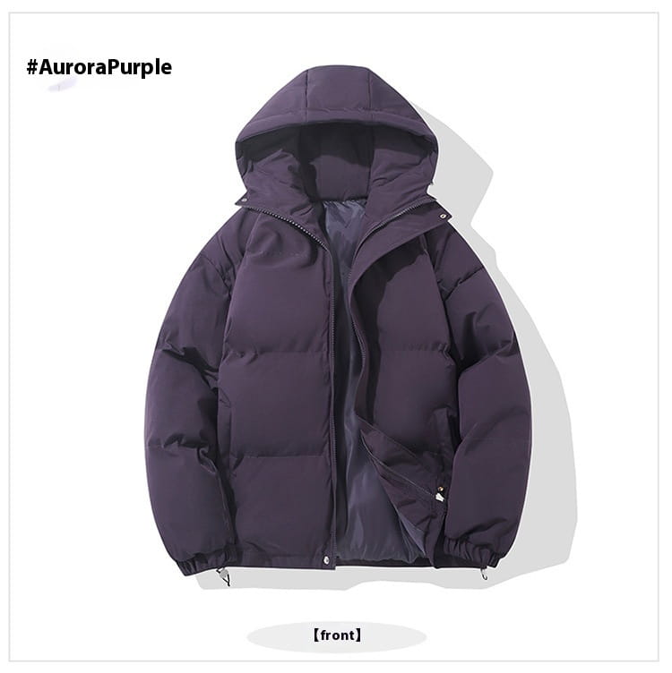 Eine dunkelviolette Damen-Kapuzensteppjacke mit wattierter Polsterung mit Stepp-Design und Kapuze.