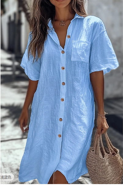 Light blue elegant short sleeve button down linen shirt dress with loose fit and breathable fabric.
