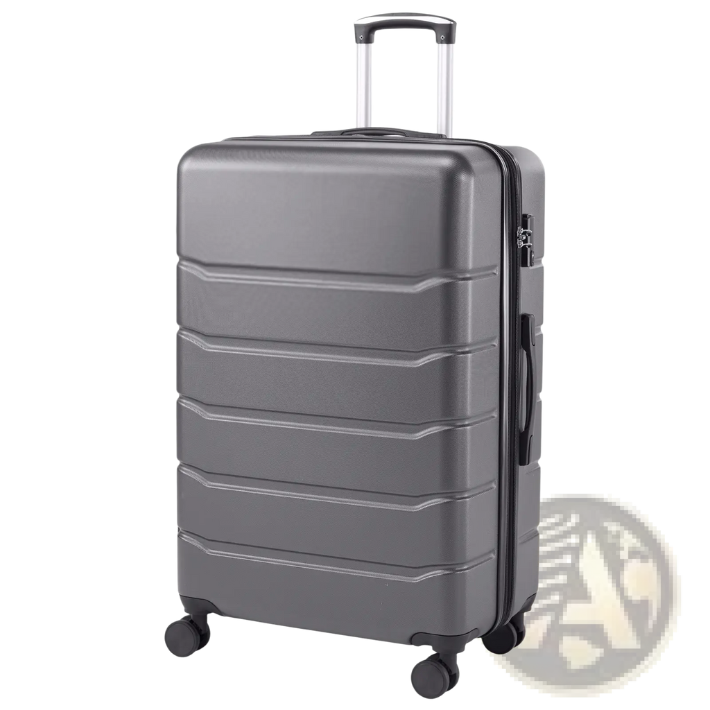 Gray abs spinner expandable hard shell suitcase with sleek ribbed design and four spinner wheels for easy travel