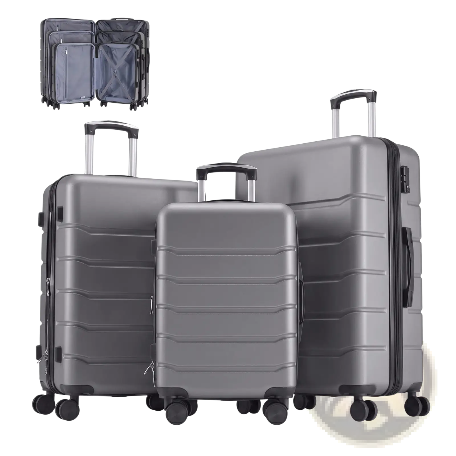 Set of three gray abs spinner expandable hard shell suitcases with black zippers and handles for travel use