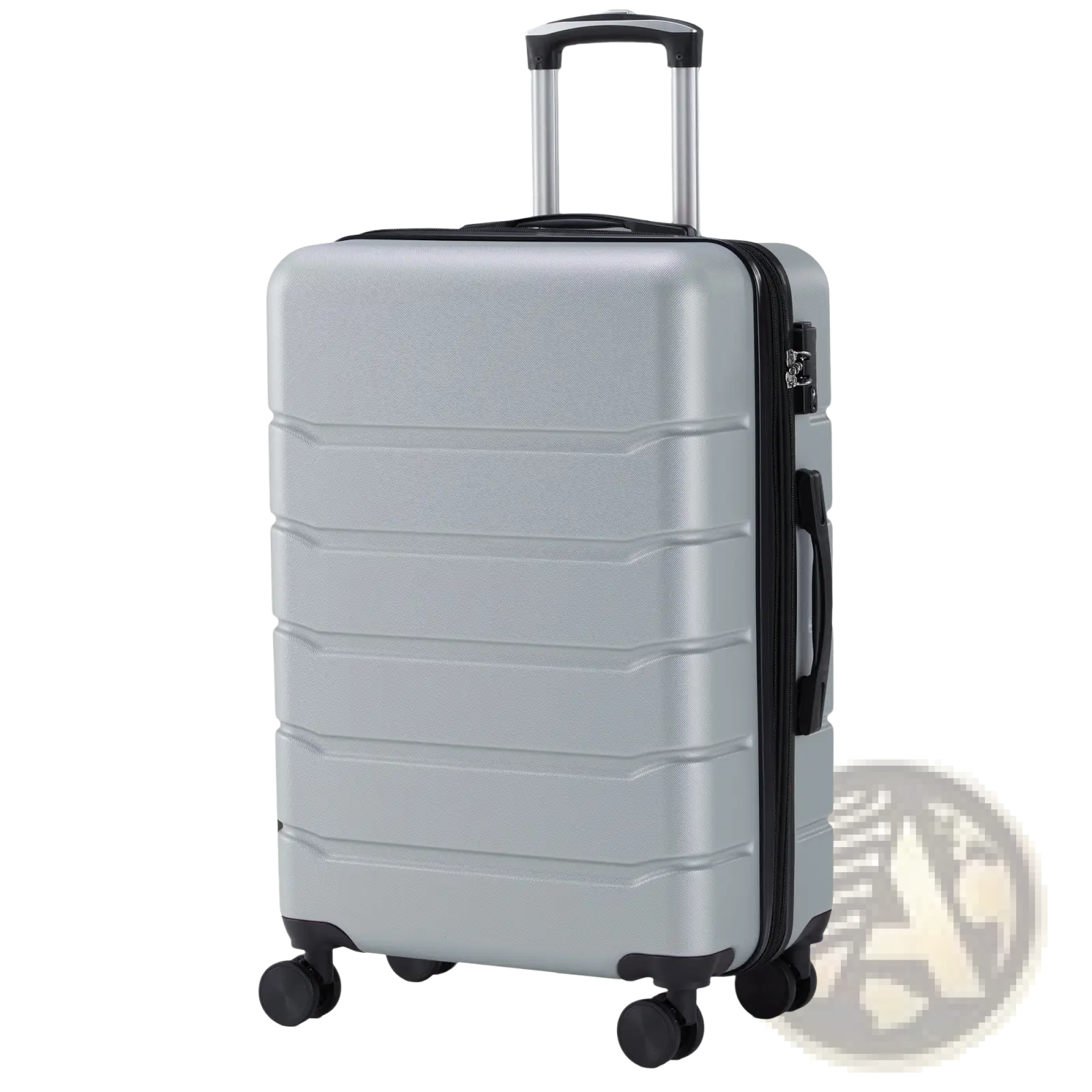 Silver abs spinner luggage expandable hard shell suitcase with black trim wheels and handle shown from the back side