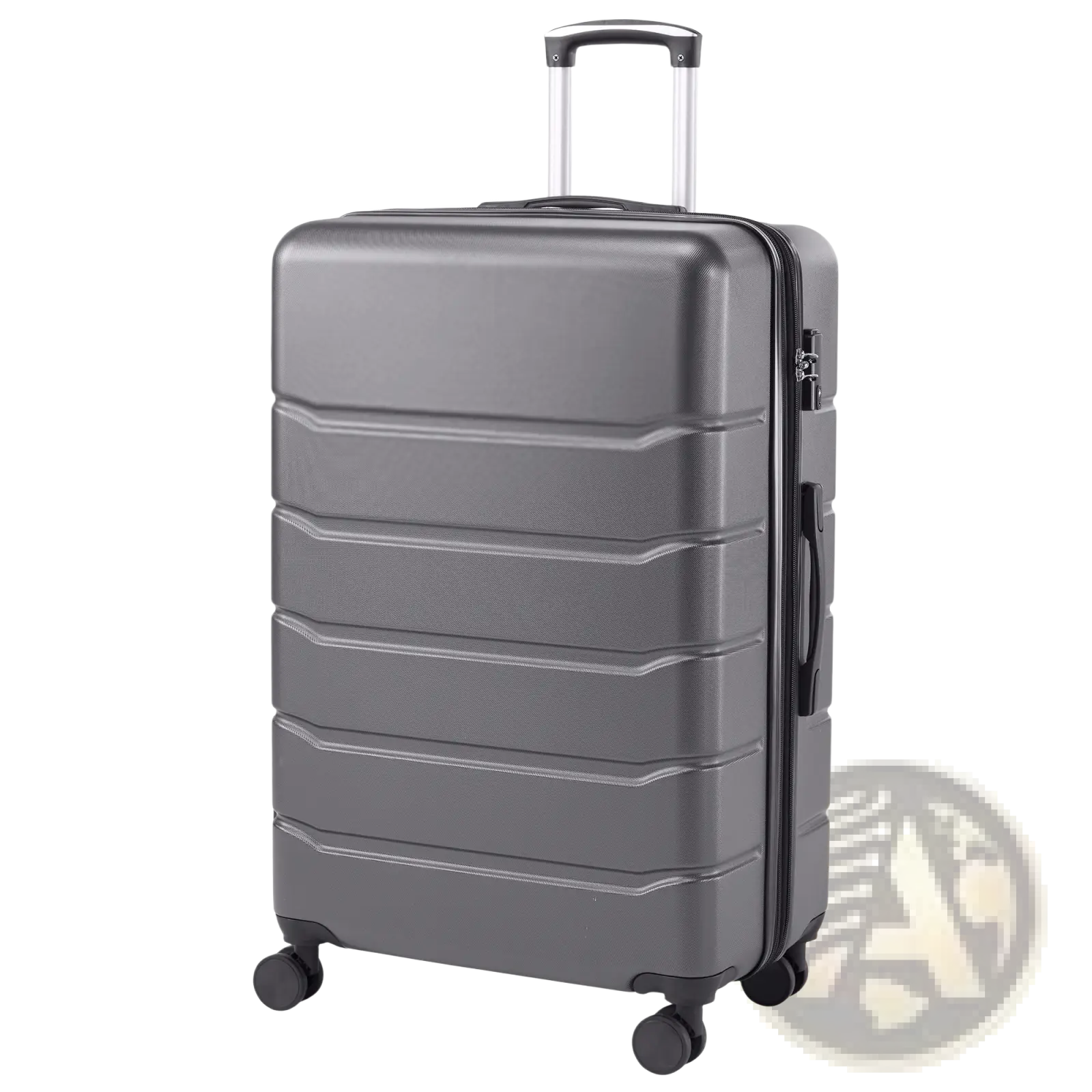 Gray abs spinner luggage expandable hard shell suitcase with a ribbed design and four spinner wheels visible from the back side