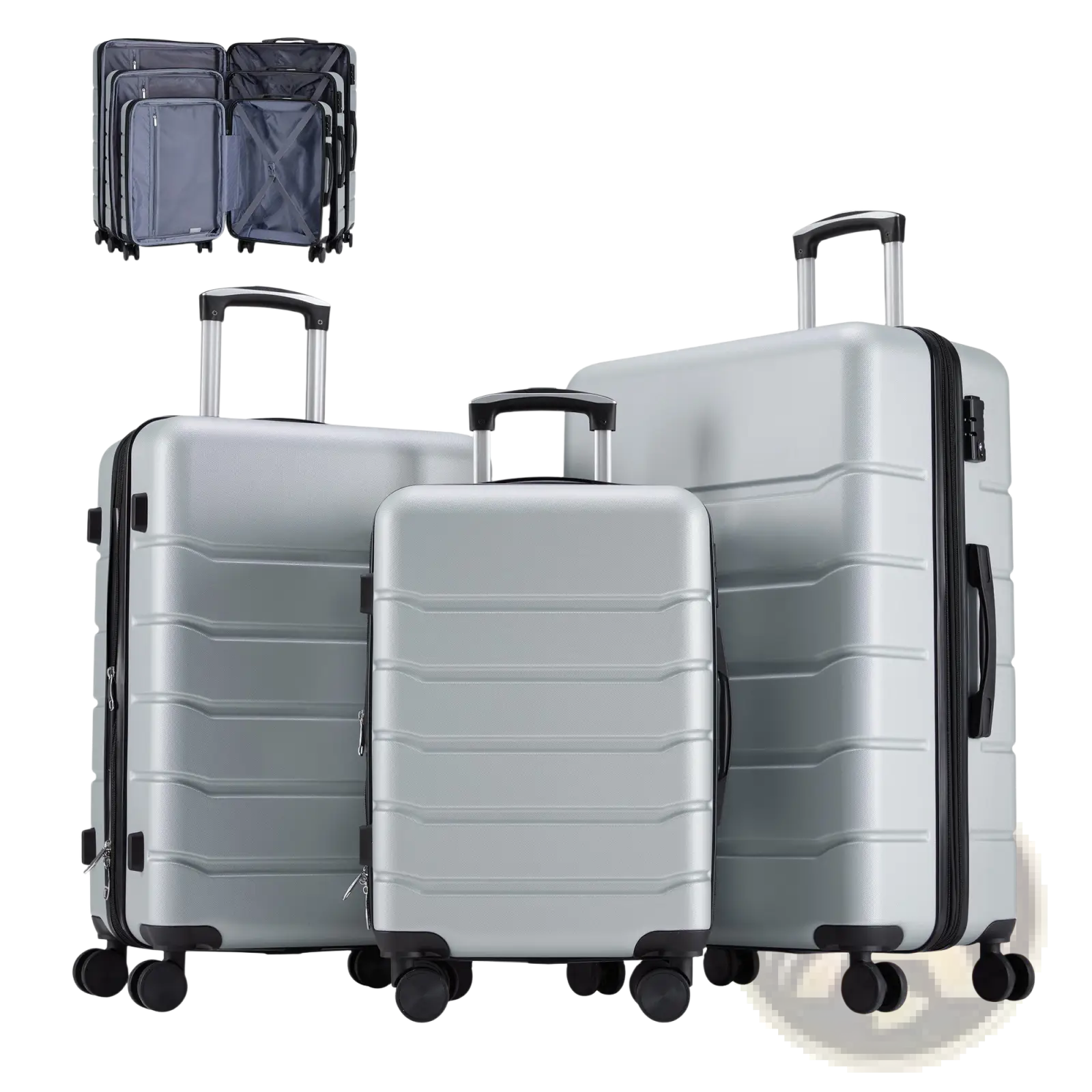 Set of three silver abs spinner expandable hard shell suitcases with black trim and wheels for travel use