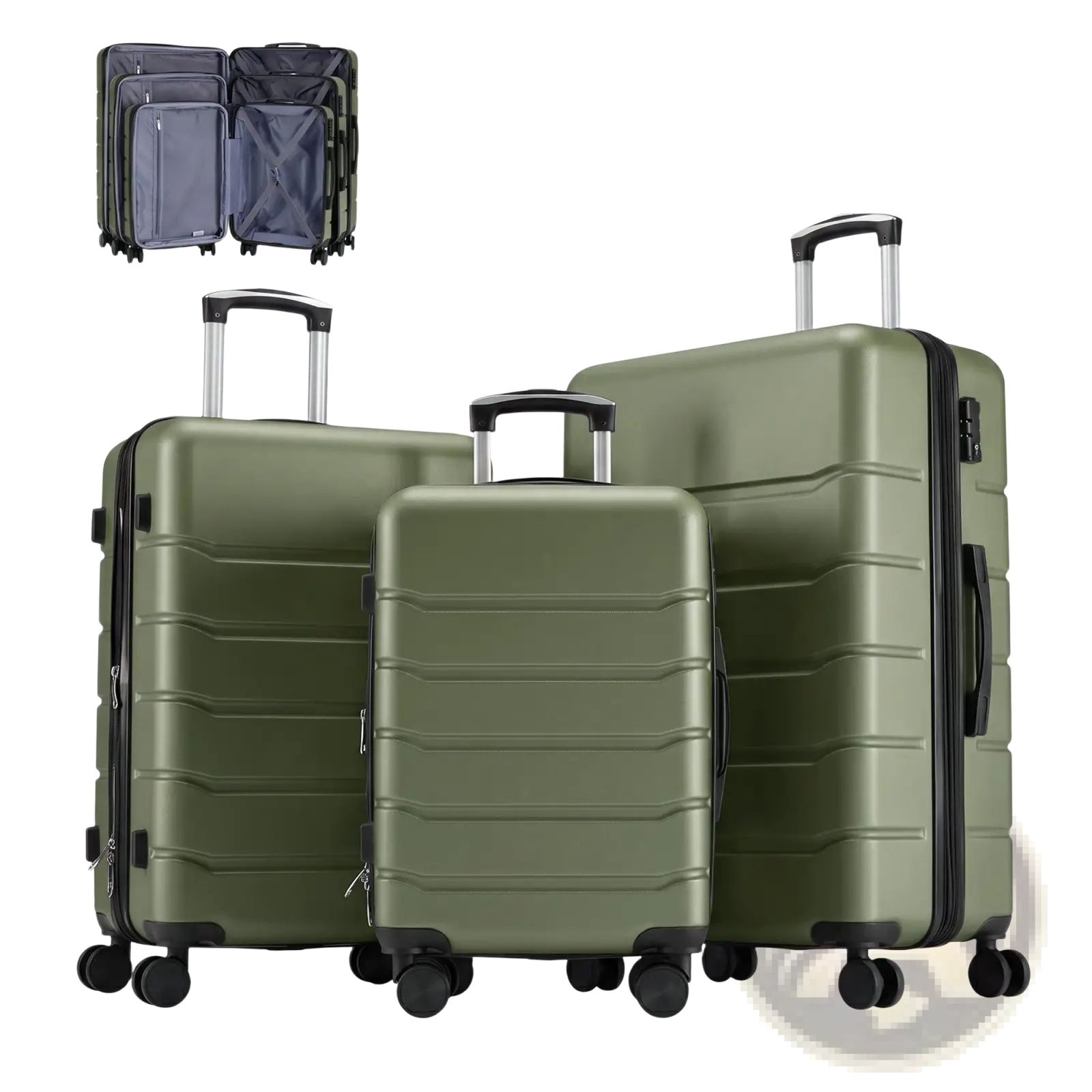 Set of three olive green abs spinner luggage expandable hard shell suitcases with black zippers and wheels