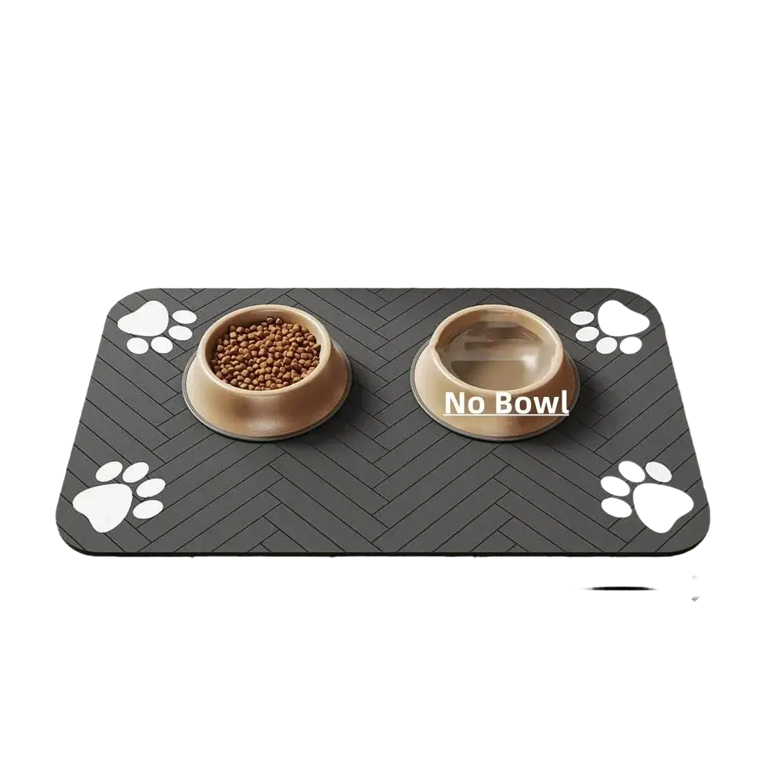 Absorbent black herringbone food mat with waterproof rubber backing and white paw prints for pet’s eating area
