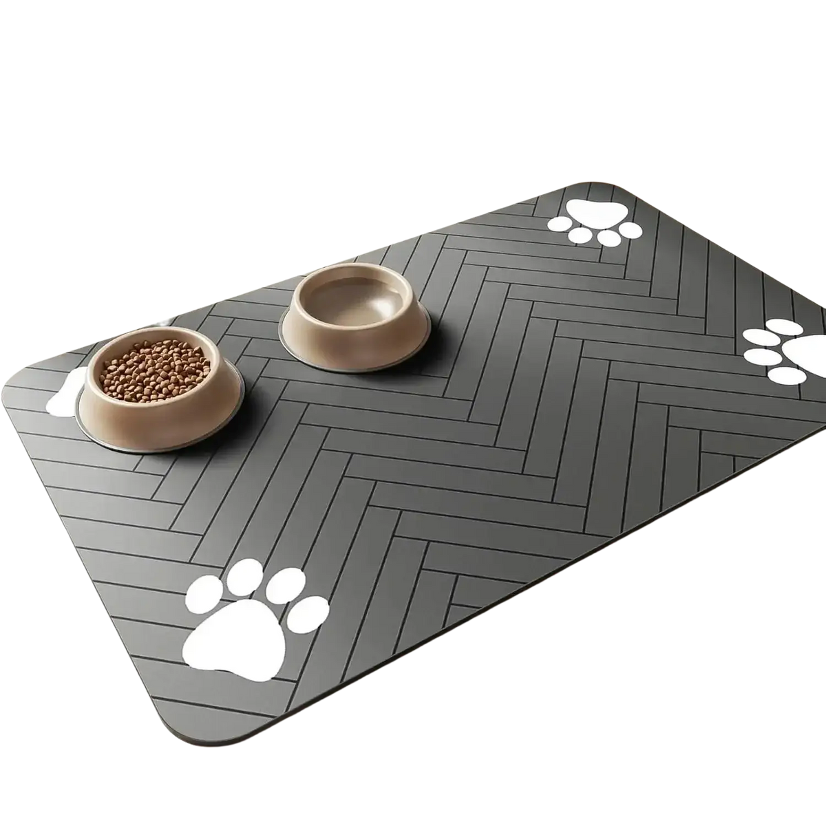 Black herringbone-patterned absorbent food mat with white paw prints waterproof rubber backing for pet’s eating area
