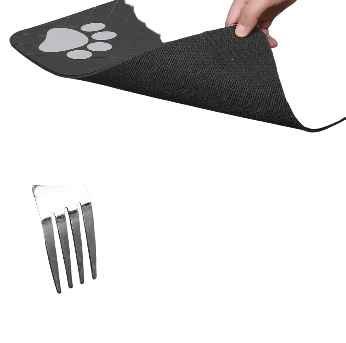 Black rubber absorbent food mat with gray paw print and textured surface for anti-slip grip in pet’s eating area