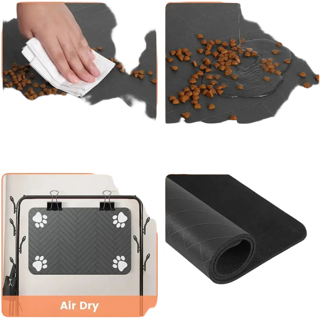Black non-slip rubber food mat with textured surface and paw print decals protects pet’s eating area effectively