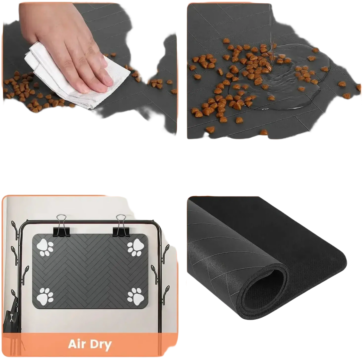 Black non-slip rubber food mat with textured surface and paw print decals protects pet’s eating area effectively