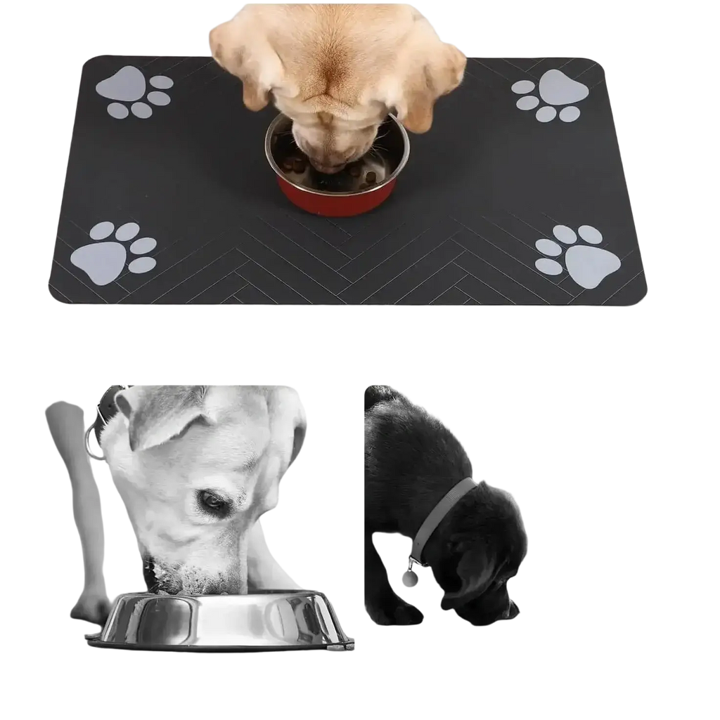 Black non-slip food mat with white paw prints and herringbone pattern for pet’s eating area with waterproof backing