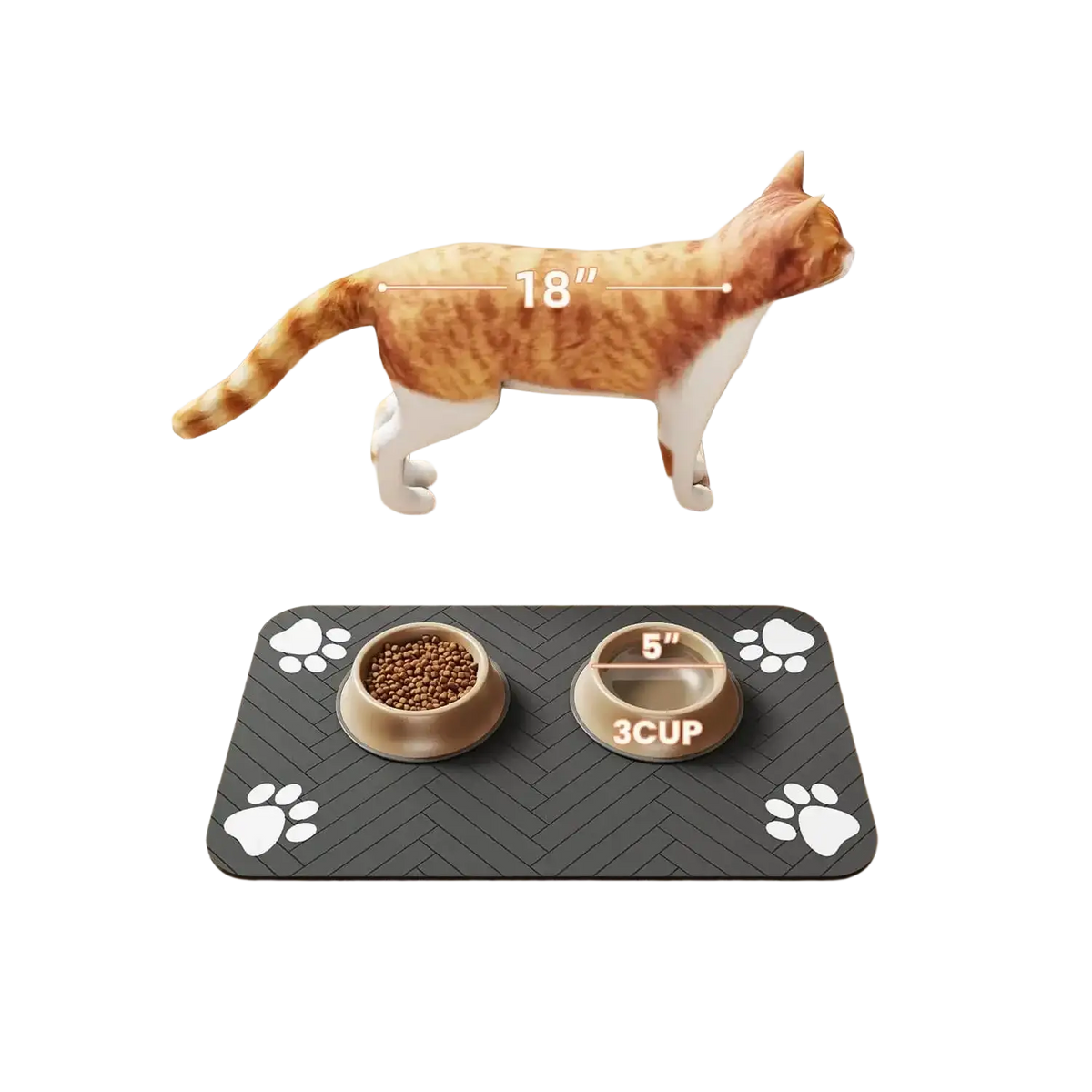 Black non-slip absorbent food mat with white paw prints and herringbone pattern for pet’s eating area with rubber backing